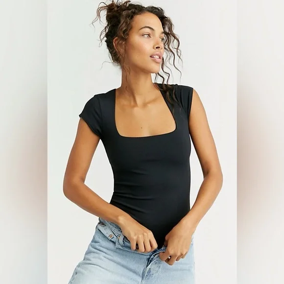Free People Intimately Black Square Neck Short Sleeve Bodysuit in Size Small - Picture 1 of 13